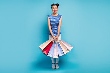 Full body photo of funky lady carry many packs addicted shopaholic rejoicing shopping center wear...