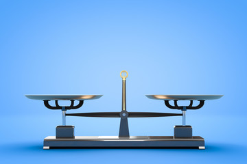 Balanced kettlebell scales on a blue background. Side view. With copyspace. 3d rendering.