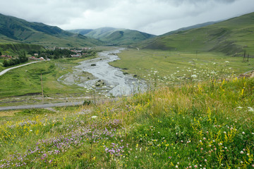 Obraz premium Green summer mountains landscape in Dargavs, North Ossetia - Alania, Caucasus, Russia