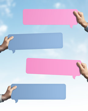 Plates for text in the hands. Looks like a messenger interface. With copy space