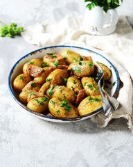 Young baked potato with bacon, spices and herbs in a baking dish on a gray background, still life