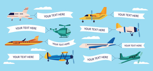 Set of cartoon airplanes with empty banners, different types of planes with text templates © sabelskaya