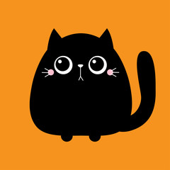 Black cat kitten kitty kitten icon. Cute kawaii cartoon character. Funny sad face. Baby greeting card tshirt sticker notebook cover template. Happy Valentines Day. Orange background. Flat design.