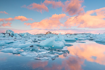 Beautiful sunrise at Jokulsarlon glacier lagoon, Iceland