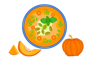 Pumpkin soup isolated on white background. Traditional autumn Thanksgiving food. Fresh tasty ripe gourd. Bowl with pumpkin gazpacho.Hot cream soup gourd. Delicious creamy soup in plate top view.Vector