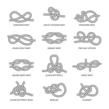 Set of marine rope or cord various knots with names vector illustration isolated.