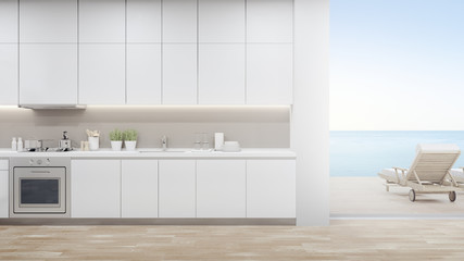 Cabinet of modern kitchen in luxury beach house. Home interior 3d rendering with empty wooden floor and sea view.