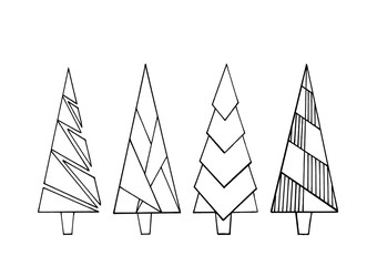 Black and white image of four Christmas trees drawn in a line. Stylized. Drawn by hand with a marker. Idea for postcards, packaging, coloring books, children's art.