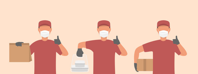 The delivery staff in the red hat, blank T-shirt, uniform, mask, mask holding an empty paper box, document bag, and rice box. Service outbreak epidemic concept Coronavirus Epidemic in 2019-ncov