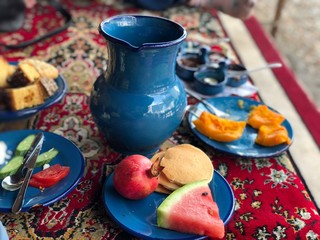 Iranian foods served in traditional blue dishes