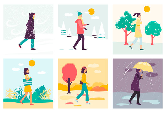 Set of women or girls and four seasons with different weather.