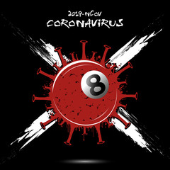 Coronavirus sign with billiard ball made of blots. Stop covid-19 outbreak. Caution risk disease 2019-nCoV. Cancellation of sports tournaments due to an outbreak of coronavirus. Vector illustration