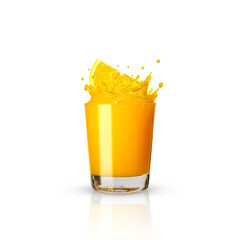 Naklejka na ściany i meble Orange juice splash and oranges against isolated on white background.