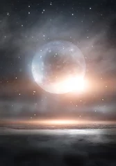 Poster Futuristisch nachtlandschap met abstract landschap en eiland, maanlicht, glans. Donkere natuurlijke scène met weerspiegeling van licht in het water, neon blauw licht. Donkere neon cirkel achtergrond. © MiaStendal