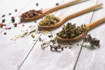 Tea herbs on wooden spoons. Green tea. Mountain herbs, Melissa, St. John's wort, oregano, buckthorn, thyme. Herbal medicinal Chinese tea.