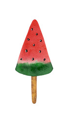 Isolated watercolor of watermelon ice cream on stick on white background. Colorful sweet summer dessert. Hand drawn illustration for greeting card, poster, menu, summer invitation.