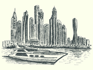 Dubai City panorama scene with modern luxury boat and architecture, hand drawn, sketch style, vector, illustration.
