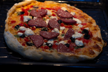 Pizza Italian food with olives tomato and crispy crust