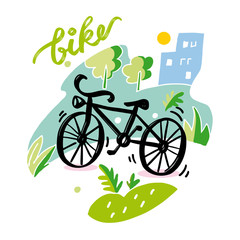 Illustration of a bike ride through the city. Excellent color print on a white background. Flat graphics.