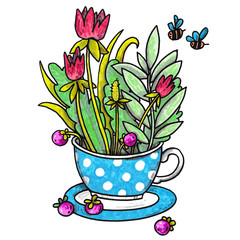 bouquet of flowers in a tea Cup, illustration with flowers and leaves