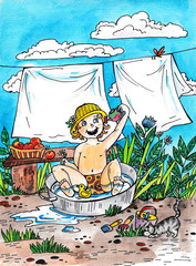 children's illustration, a child bathing in a basin in nature, bathing in the summer at the cottage
