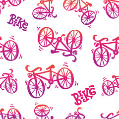 Seamless pattern with pink bicycle illustration and lettering of word Bike. On an isolated white background. great print for fabric and bedding.