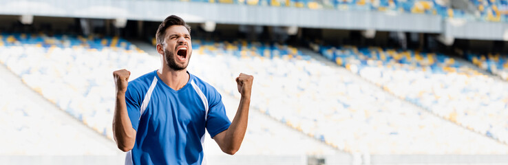 emotional professional soccer player in blue and white uniform showing yes gesture at stadium, panoramic shot - Powered by Adobe