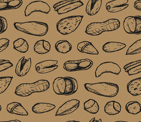 Seamless texture with nuts. Repeating background with nuts. A great background for your design. Pecan, Cashew, Hazelnut, almond, Brazil nut, peanut, Pistachio.
