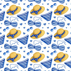 Watercolor blue seamless pattern. Summer sea beach clothes and accessories: bikini swimsuit, straw hat, sunglasses. Hand drawn background for wrapping paper, textile, scrapbooking