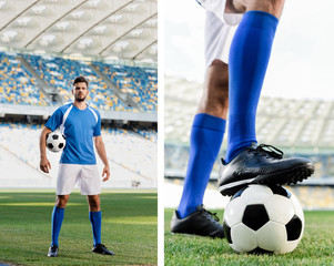 collage of professional soccer player in blue and white uniform and male legs in soccer shoes on ball on football pitch at stadium © LIGHTFIELD STUDIOS