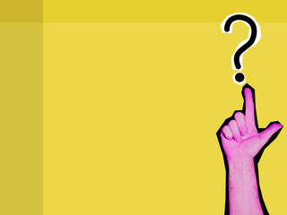 collage of a hand pointing to a question mark on a yellow background. Zine culture. Abstract...