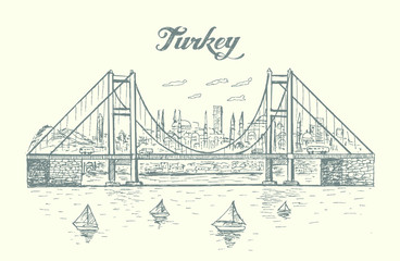 Bosphorus Bridge with Istanbul skyline,sketch style,hand drawn,isolated,vector,illustration
