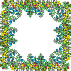many colors, illustration with flowers and leaves, flower frame