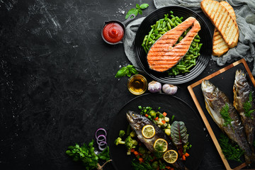 Food. A set of delicious dishes and delicacies. Flat lay. Top view. Free copy space.