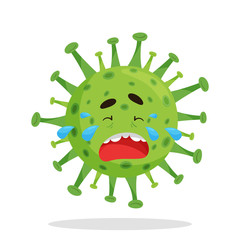 Green emoji coronovirus covid 19 crying, tears, round with spikes. Isolated vector illustration on a white background with a shadow under the character.