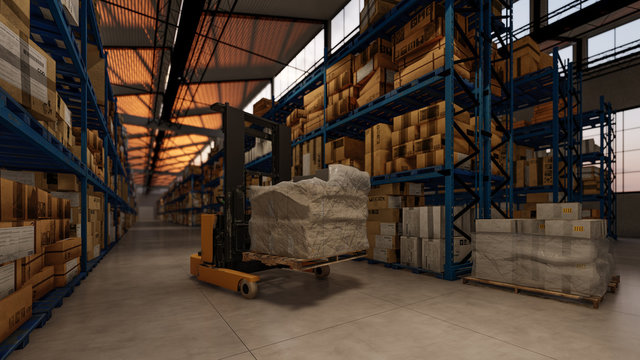 Warehouse Interior with a Stacker and Cardboard Boxes Stacked on the Shelves 3D Rendering