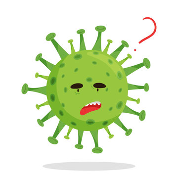 Emoji surprised COVID-19 coronovirus with a red question mark above his head. Green round with spikes. Isolated vector illustration on a white background with a shadow under the character.