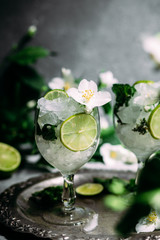 Cold cocktail with mint, lime and ice in a glass