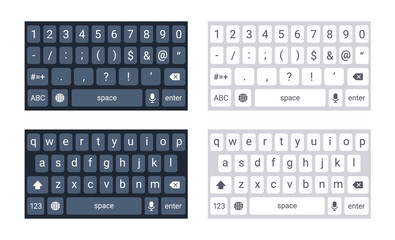 Phone keyboard mockup, qwerty keypad alphabet buttons and numbers in flat style, mobile phone tab concept for text app in light and dark mode, vector illustration. Social media panel for devices.