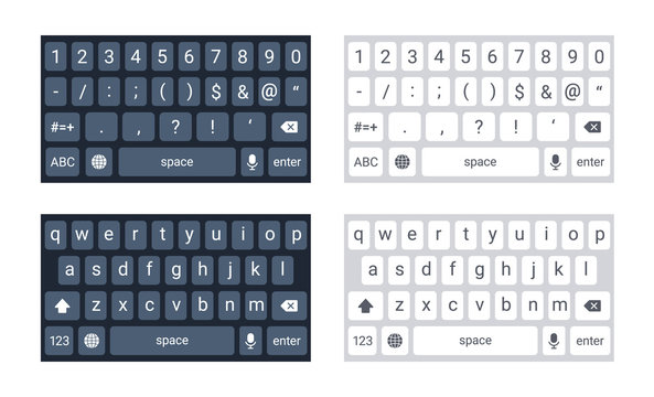 Phone keyboard mockup, qwerty keypad alphabet buttons and numbers in flat  style, mobile phone tab concept for text app in light and dark mode, vector  illustration. Social media panel for devices. Stock