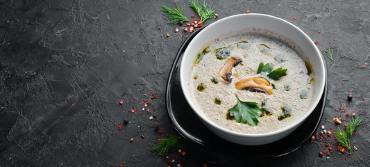 Mushroom soup puree in a bowl. Top view. Free copy space.