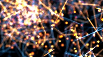 Clorful lines surrounded by shining lights. Animation. Elegant and festive blurred dashes moving chaotically with round golden particles on black background, seamless loop. - Powered by Adobe