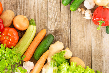 Vegetable set lying diagonally. Template for text, top view.