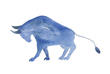 Watercolor image of bull. Hand-drawn illustration isolated on white background.