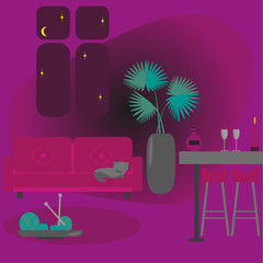 Stay home and spend cozy romantic evening together with glass of wine. Evening in cozy interior of house. Vector illustration in flat style. Template for interior design in trendy colors.