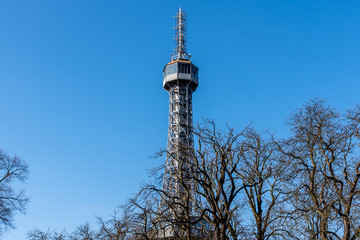 Obraz premium Petrin Tower. Detailed view on sunny day with blue sky background. Prague, Czech Republic