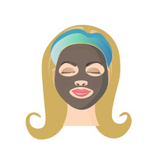 European blonde woman wearing black cosmetic facial mask. Vector illustration.