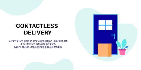 Contactless delivery. Package is next to the door to the house in flat style. Goods are delivered to the door. Stay at home concept. Concept of quarantine and prevention of spread of coronavirus.