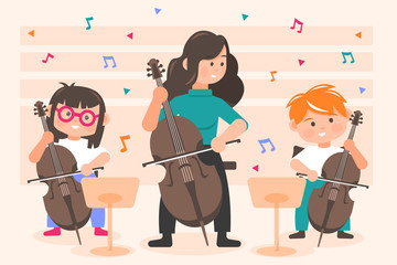 Perfomance, orchestra concept. Little happy children kids boy and girl playing cello with woman teacher on concert at theater opera. Lesson of classical music practicing in symphony band illustration. © Valery