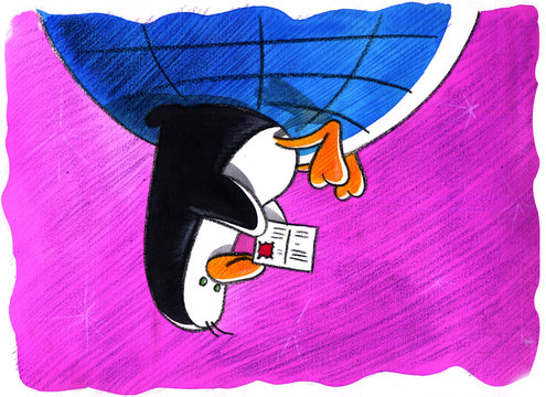 pinguino lee postal vacacional en el polo sur del planeta tierra